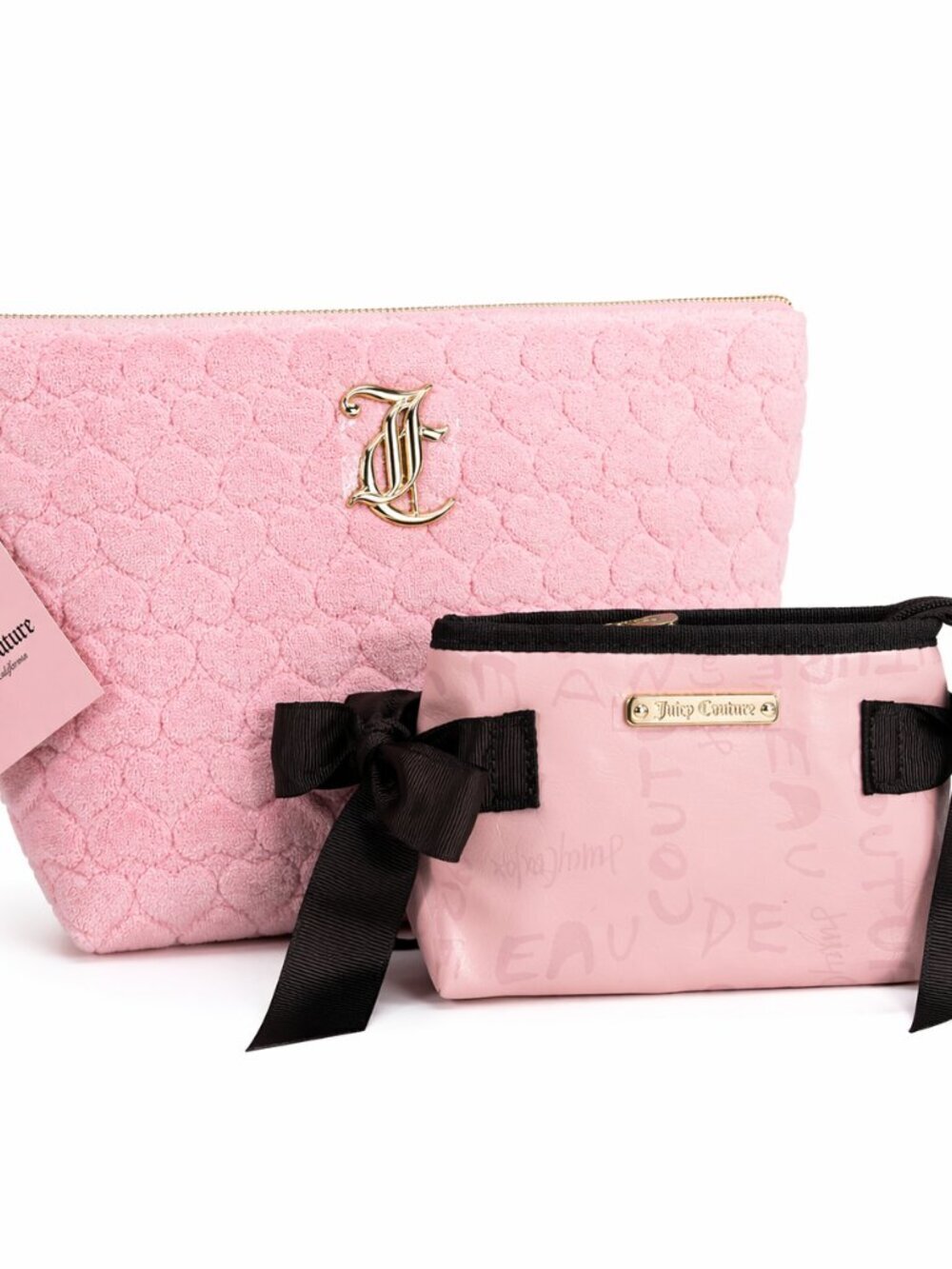 JUICY Couture 2 Pc Travel Cosmetic Makeup Bags Pink Velour Hearts NWT